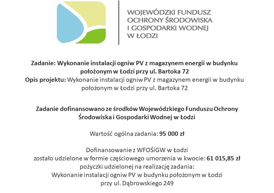 Informacja o otrzymaniu dofinansowania z WFOŚiGW w Łodzi