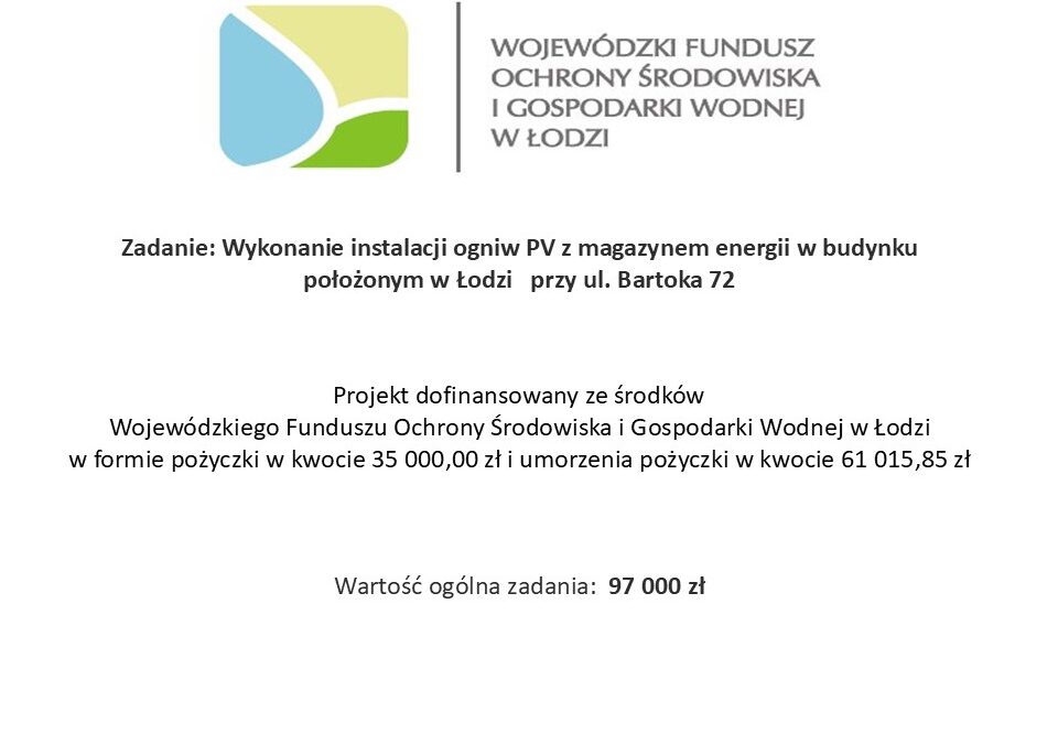 Informacja o otrzymaniu dofinansowania z WFOŚiGW w Łodzi